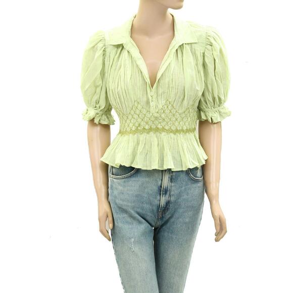 By Anthropologie Short-Sleeve Smocked Blouse Top Cotton Embroidered S 274519 - Picture 4 of 8